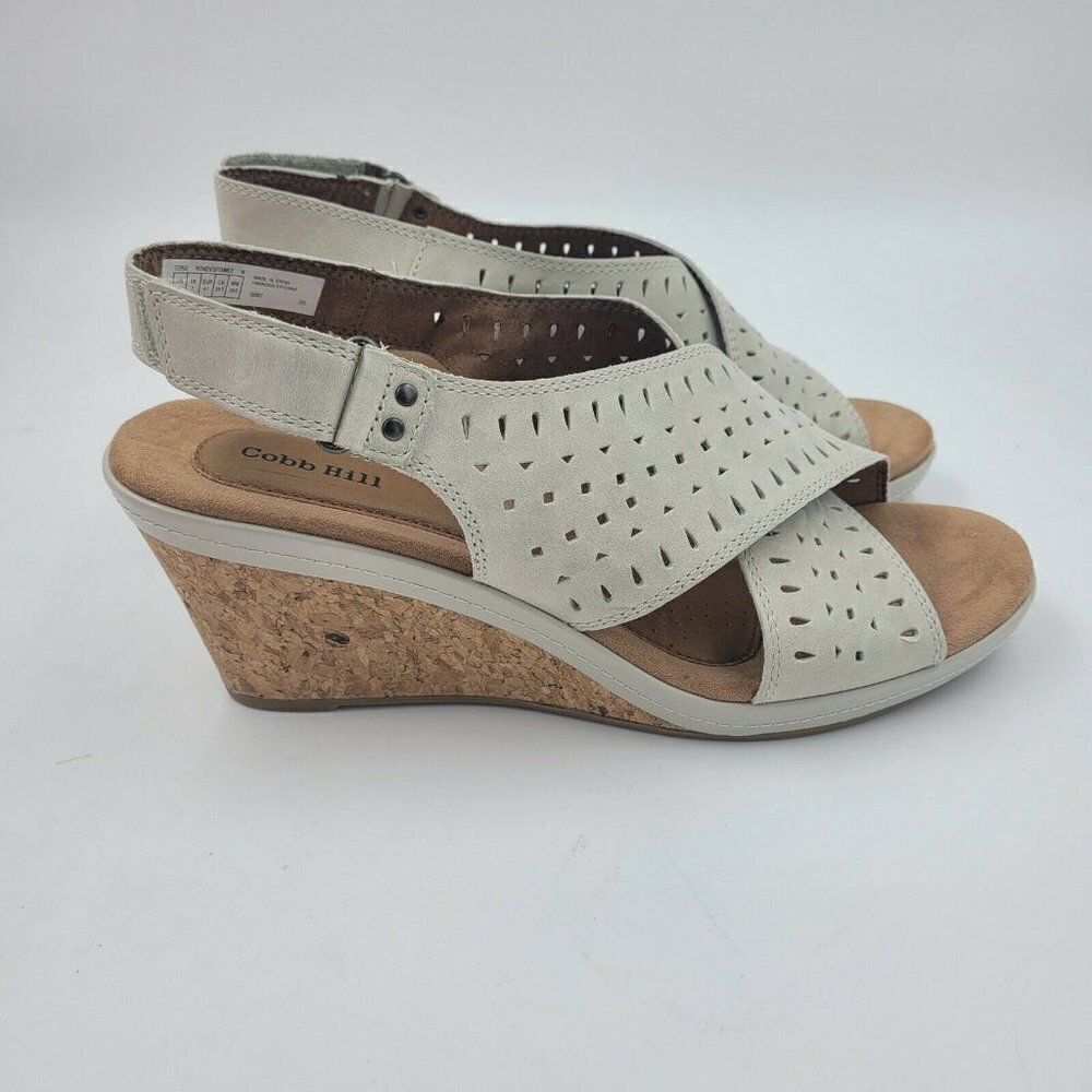 Cobb Hill Janna Slingback Wedge Sandal Shoe White Perforated Leather Siz… - Picture 3 of 10